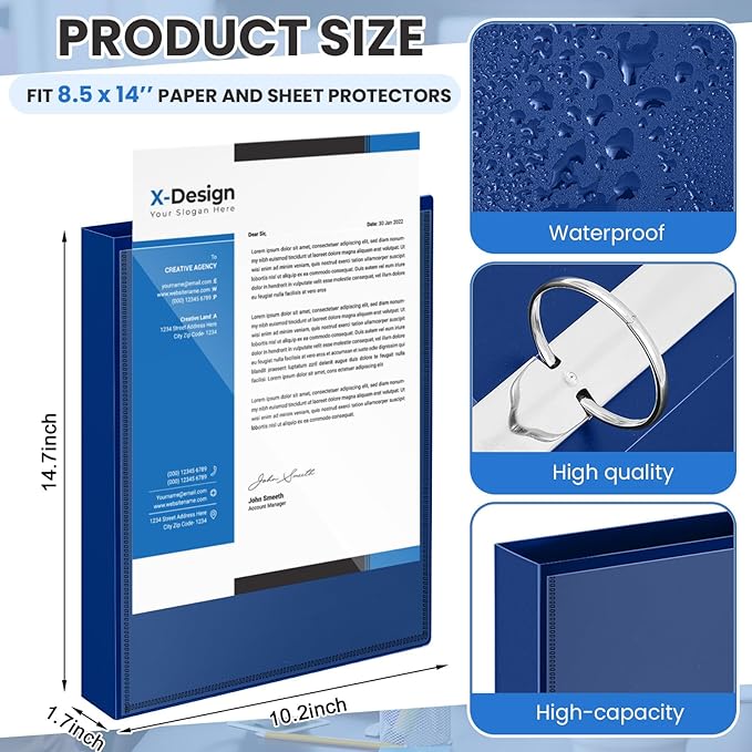 Henoyso 4 Pcs Legal Size Binders with View Cover, 3 Ring 1" Durable PP Plastic Blue Binders for 8.5" x 14" Paper Hold up to 175 Sheets for Documents, Office, Home, Work Places