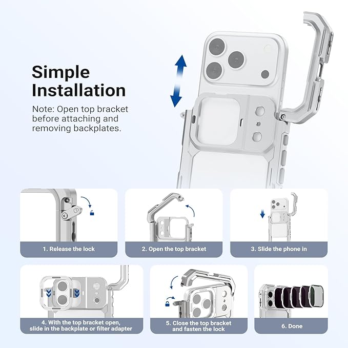NEEWER PA143 Phone Cage Compatible with iPhone 17 Pro + ND & Black Diffusion1/4 Filter Set for PA143/PA144 Phone Cage Only, Quick Release Video Rig Stabilizer Accessories with 67mm Filter Ring, Silver