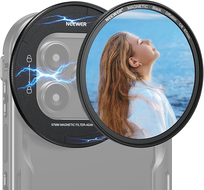 NEEWER 67mm Magnetic Black Diffusion 1/4 Filter Set, Multicoated HD with Magnetic Filter Backplate Adapter, Compatible with iPhone 16 Pro/16 Pro Max Phone Cage Video Rig (PA073/PA074)