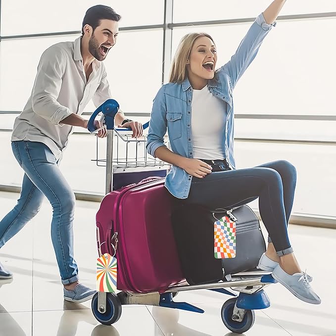 Set of 2 Luggage Tags for Suitcases, Leather Abstract Colorful Twisted Checkered Baggage Tags with Stainless Steel Loop, Privacy Name ID Card Cover Travel Labels for Women Men Kids Girls