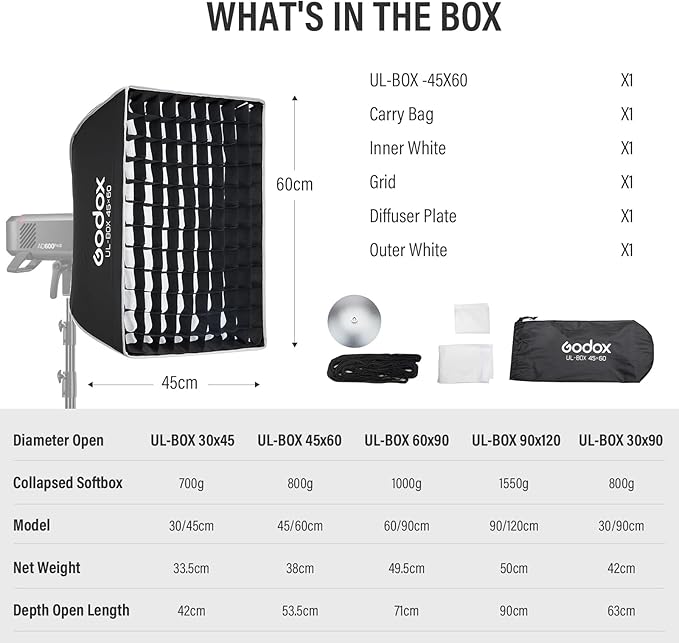 Godox Rectangular Softbox 45cm*60cm/ 17.7in*23.6in with Grid Diffuser Fast-Setup Bowens Mount Softbox Compact Photography softbox for Photography Shooting Continuous Light Monolight Strobe Flash