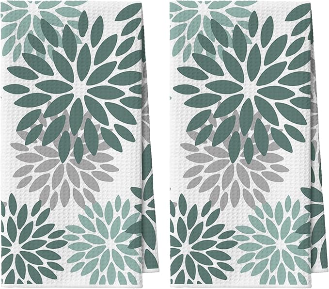 Artoid Mode Green Dahlia Floral Kitchen Towels Dish Towels, 18x26 Inch Quick Dry Microfiber Cloth Hand Towels for Kitchen Drying Set of 2