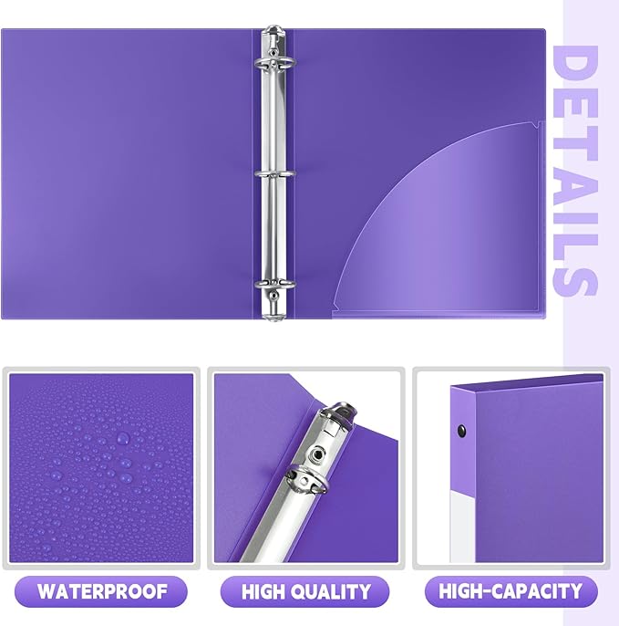 Henoyso 8 Pcs 3 Ring Binder 1/2'' Round Fits Letter Size 8.5'' x 11'' Paper Plastic Flexible Binder Holds 140 Sheets with 1 Pockets Versatile Organizer for Home Office School (Purple)