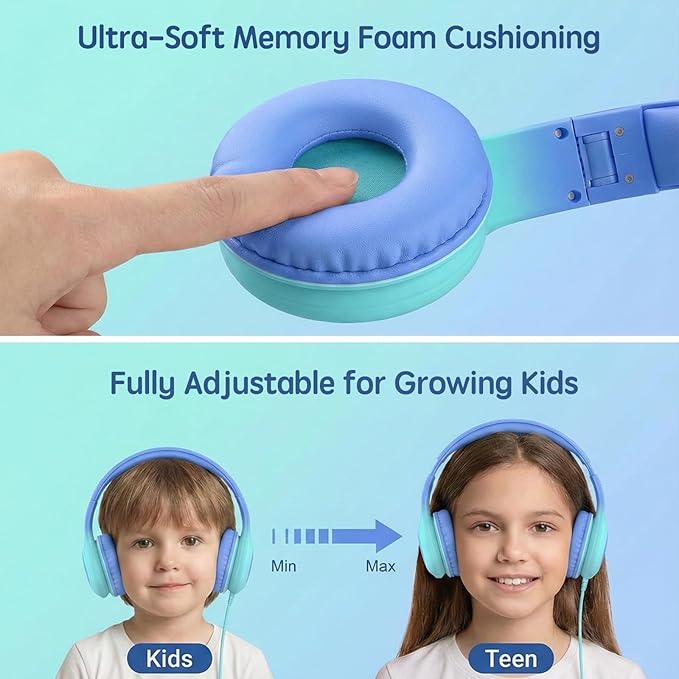 Wired Kids Headphones with USB C Plug, 85dB Safe Volume, Adjustable Headband, Tangle-Free Cord Headphones for School, Tablet, Travel (Sky Blue & Mint Green, Without Microphone)
