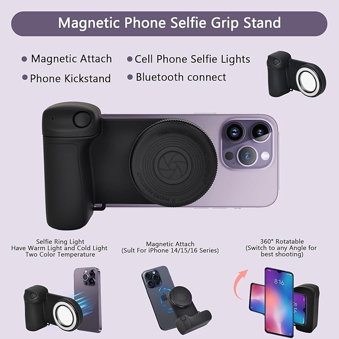 Selfie Phone Tripod Mount with Fill Light,4-in-1 Magnetic & Phone Clip Camera Grip Handle Holder with Detachable Remote Shutter with Cold Shoe Adapter for iPhone 15 16 Samsung Video Shooting