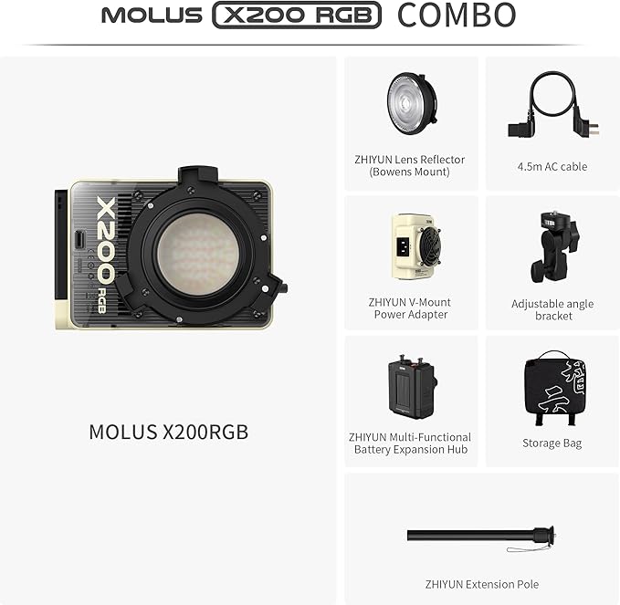 ZHIYUN MOLUS X200 RGB Combo 200W Video Light [Official] Handheld Professional Photography Lighting Portable Continuous Output Lighting Bowens Mount 2500K~10000K CRI≥95 TLCI≥97 Only 830g （No Battery）