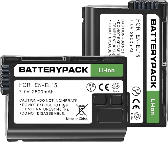 EN-EL15 7V 2800 mAh 2-Pack Rechargeable Lithium Ion Battery Pack, Compatible with Nikon D850 D750 D810 D500 Z8 Z6 Z7 II Z5 D7500 D800 D800E D810A D600 D610 1 V1,USB Power delivery & Charge