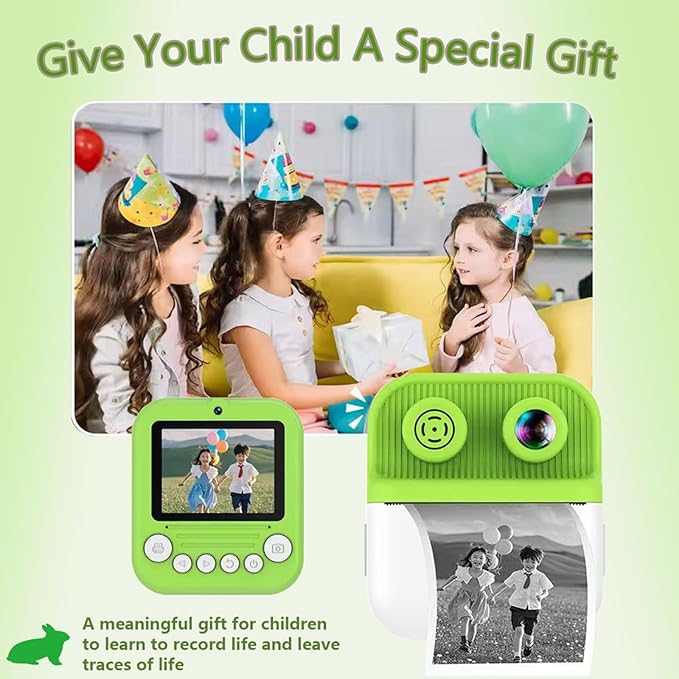 Dual-Lens Instant Print Camera for Kids, 48MP Thermal Instant Printing Camera with 2.4 Inch IPS Screen for Toddler, Boys Girls Christmas Birthday Gifts Photo Printer with 64GB SD Card (Green)