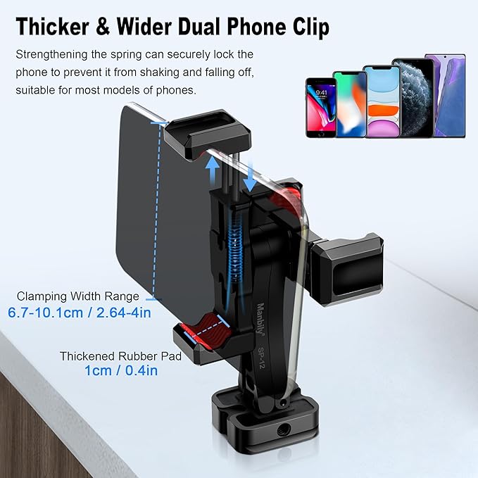 Manbily Phone Tripod Mount, Metal Smartphone Mount Adapter with Dual Phone Holder, 360° Swivel 180° Flip Adjustable Clip Clamp with Cold Shoe, for Selfie Stick Vlog Live Streaming
