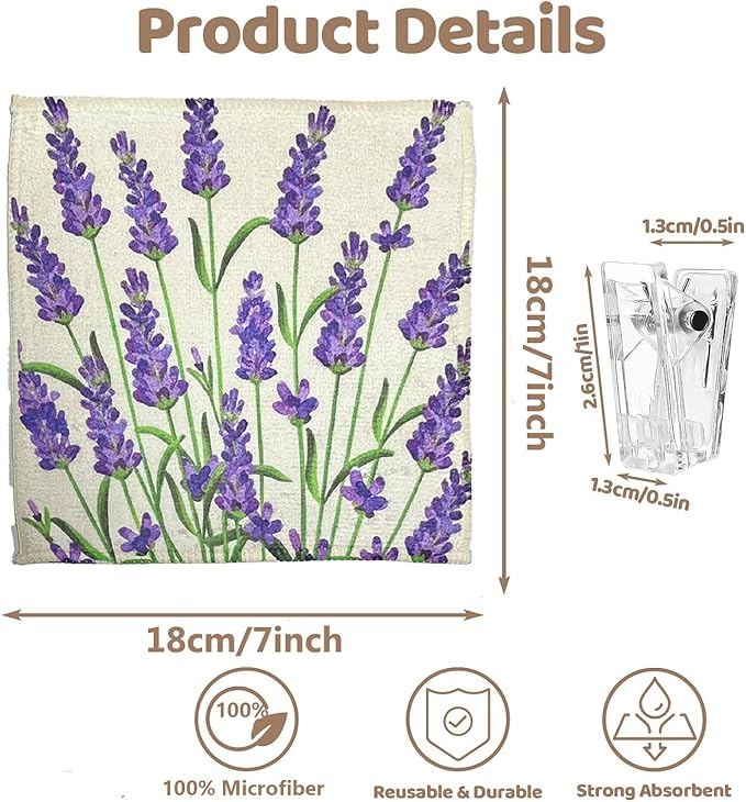 8-Pack Ultra-Fine Microfiber Kitchen Towels, 7-Inch Square with 8 Clips & Multiple Patterns – Soft, Absorbent, Reusable Cleaning Cloths (Grass)