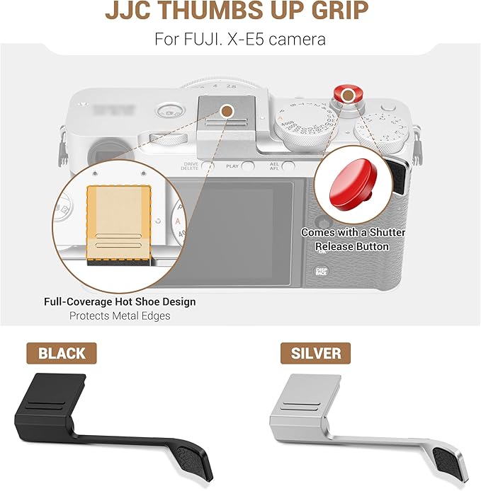 JJC Metal Thumb Grip & Shutter Release Button for Fuji Fujifilm X-E5 XE5 Mirrorless Camera, Full-Coverage Hot Shoe Cover Protector Thumb Support, Silicone Pad for Stable & Safe Hand Hold, Black Color
