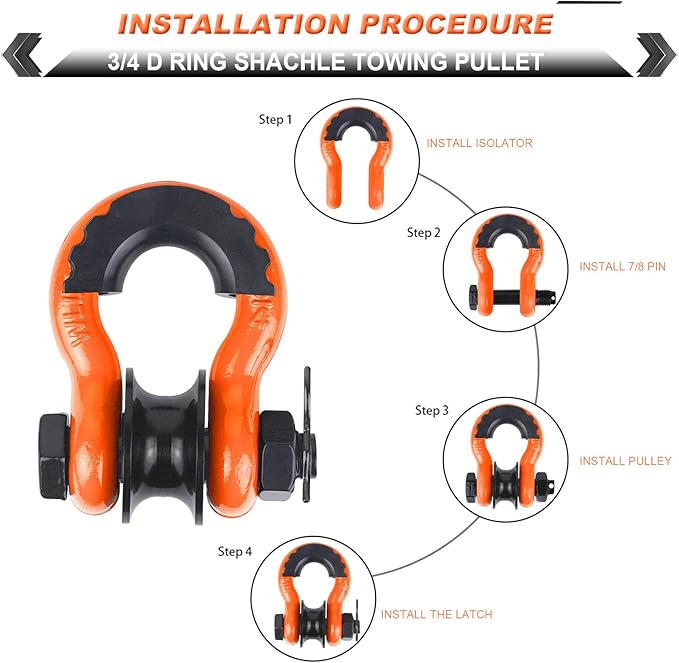 Upgraded Snatch Block, 3/4" D Ring Shackle (2 Pack) 22,000lb Break Strength with Towing Pulley, Heavy Duty Offroad Recovery Accessory for Truck, Tractor, ATV & UTV (Orange)