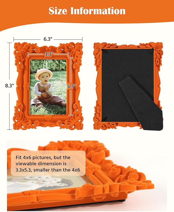 4x6 Orange Picture Frame for Drawings Prints, Small Colorful Decorative Frame with Real Glass/Stand, Retro Ornate Memorial Frame Gift for Wedding Baby Shower Retirement (Orange)
