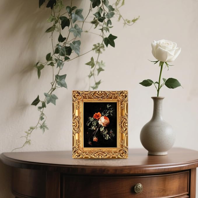 6X8 Vintage Picture Frame, Ornate Gold Baroque Antique Style with Glass Front, 6 X 8 Photo Frame for Tabletop Wall Hanging Display