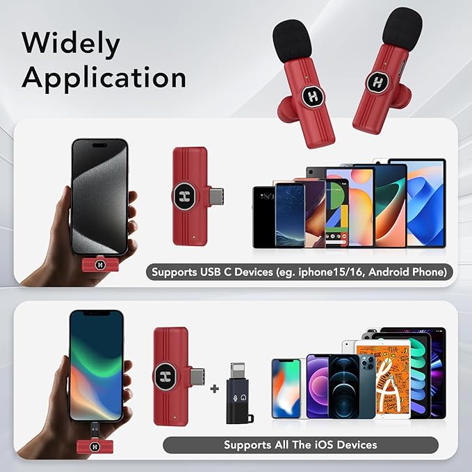 USB C Mini Wireless Lavalier Microphone for iPhone 15 16, iOS and Android Devices - Noise Reduction Lapel Mic for Recording, Clip Omni Lav Mic for Video Recording, Tiktok, YouTube, Vlog (Red)