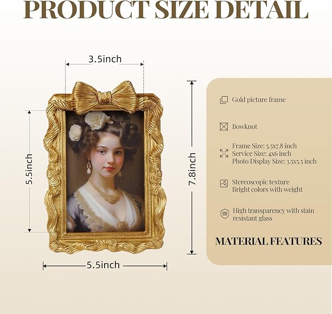 Cuspin 4x6 Picture Frame Gold Bow Frames, Vintage 4 by 6 Photo Frame with Bowknot Design, Ornate Handcrafted Resin Antique Frame with Glass Front for Wall and Tabletop Display, Home Decor, Gift Ideas