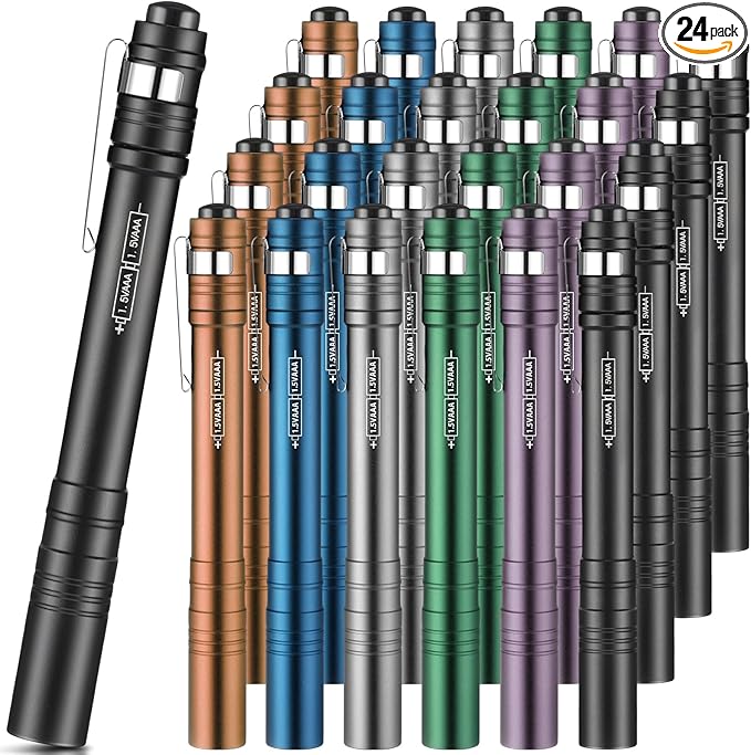 24 Pack Christmas Mini Pen Flashlights Bulk Gifts LED Pen Lights Aluminum Pocket Flashlights with Clips Small Handheld Torches for Men Camping Hiking Emergency Outdoor (Colorful)