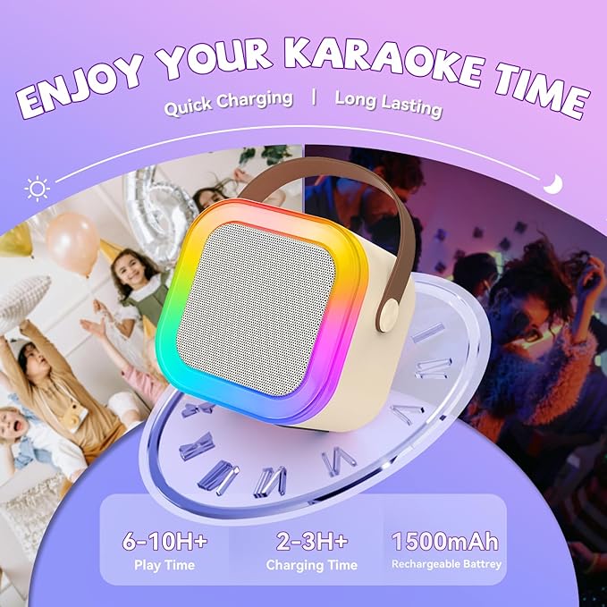【2026 Newest】 Mini Karaoke Machine for Kids Girls & Boys - Portable Bluetooth Speaker with 2 Wireless Microphones - Kids Birthday Gifts for Ages 4-10 - Kids' Instrument Accessories - Beige