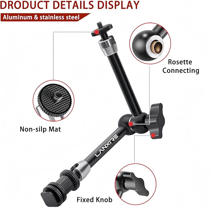 Super Clamp and 11 Inches Adjustable Friction Magic Arm with 1/4’’ Screw and Cold Shoe Adapter - Compatible with Flash, LED Light, Microphone, Monitor - Load Up to 4.4lb/2kg