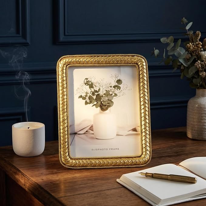 8x10 Gold Picture Frame, Ornate Resin Photo Frame with Glass Front, Decorative Rattan Design Gold Frames for Tabletop Display & Wall Hanging, Vintage Elegant Home Decor for Living Room, Bedroom