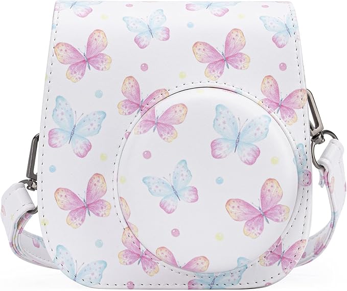 Frankmate Protective Case Compatible with Fujifilm Instax Mini 12 11 9 8 Instant Film Camera with Pocket and Adjustable Strap (Pink Butterfly)