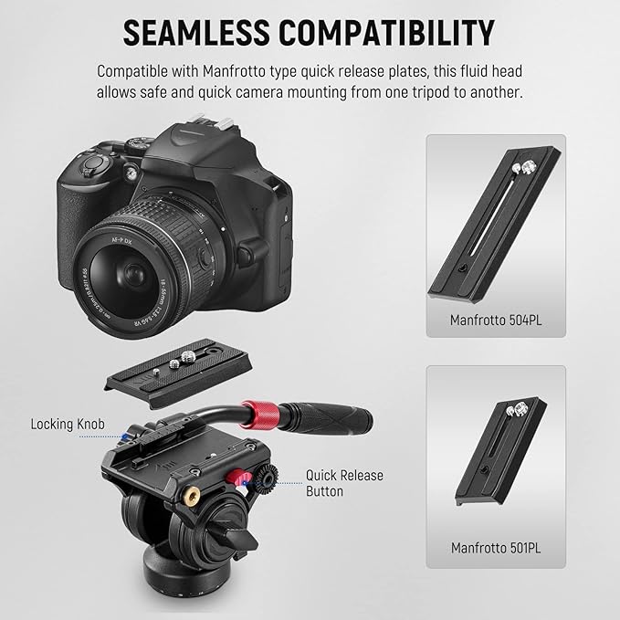 NEEWER Video Tripod Fluid Head with Quick Release Plate, Telescopic Handle & Panorama Scaled Base (⌀55mm), Max Load 13.2lb/6kg, Heavy Duty for DSLR Video Cameras, GM001