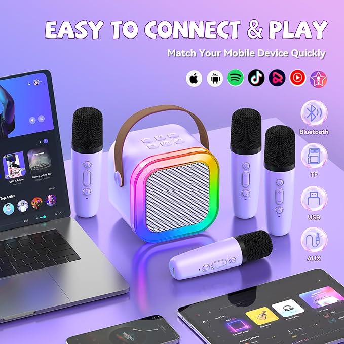 Upgraded Mini Karaoke Machine with 4 Wireless Microphones for Kids Girls Boys - Karaoke Party Speaker Christmas Birthday Gifts for 4 5 6 7 8 9 10 11+ Year Old - Kids' Instrument Accessories - Purple