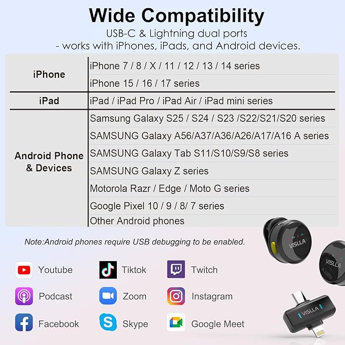 Vislla Mini Microphone for iPhone, iPad & Android,12H Battery, Noise Reduction Wireless Lavalier Microphone, Clip On Lapel Mic for Vlogging/YouTube/Tiktok/Streaming/Interview/Video Recording