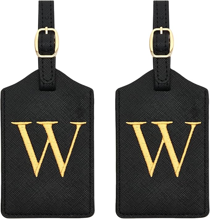2 Pcs Initial Monogrammed PU Leather Luggage Tags Embroidered for Suitcases, Travel, Baggage Bags (W)