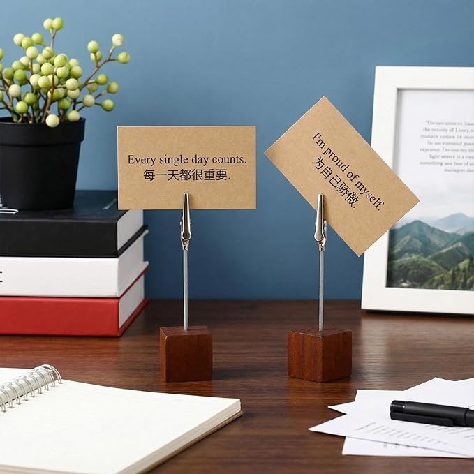 Gersoniel 100 Pcs Cube Base Memo Clip Holder with Alligator Clip Wood Table Number Holder Cube Base Place Card Stand Mini Photo Menu Stand for Displaying Number Card (Brown)