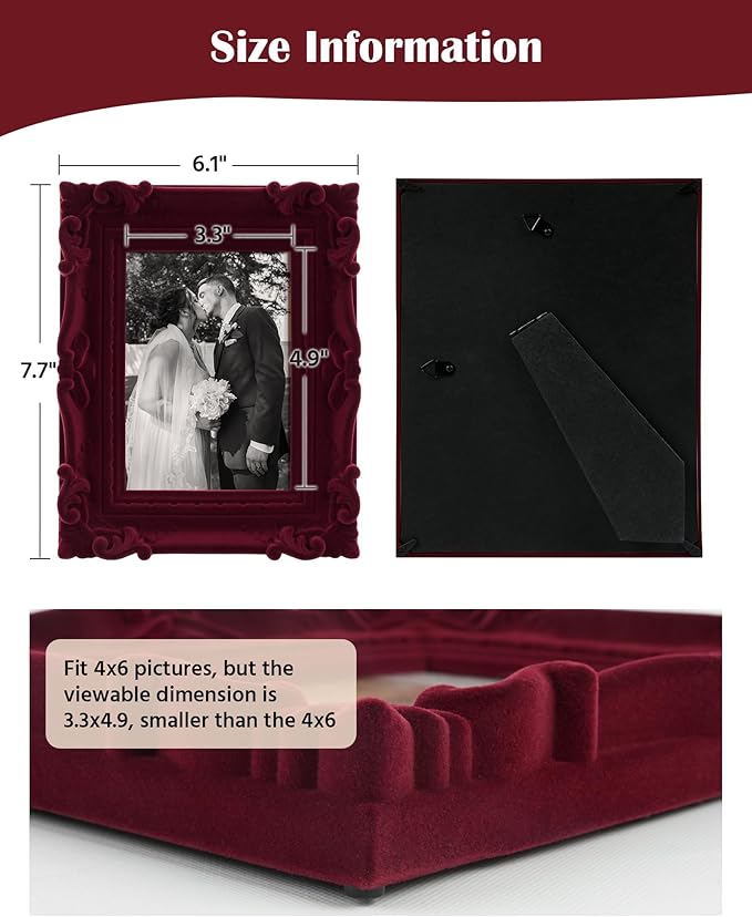 4x6 Antique Photo Frame for Tabletop Shelf Desk Decor, Decorative Picture Frame for Horizontal or Vertical Display Family Photos Dog Cat Portrait Travel Snapshots (Wine Red)