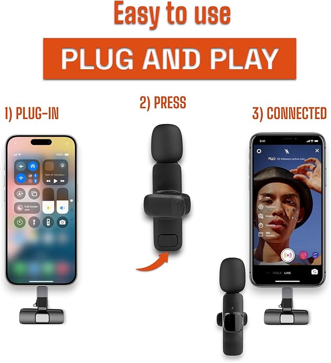 JLB American-Based Wireless Lavalier Microphone 2-Pack for iPhone, iPad, USB-C Devices, Plug & Play, Noise Canceling, 360° Sound Pickup, Reverb Mode, 65ft Range - Trusted by Creators Worldwide