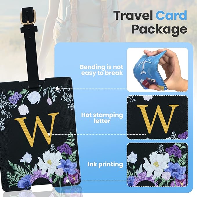 2 Pack PU Leahter Luggage Tags with PU Leather Straps, Fun Travel case Labels, Privacy-Protected ID Card Holders, Allowing for Quick Identification of Luggage and Easy locating of Your Bags (W)