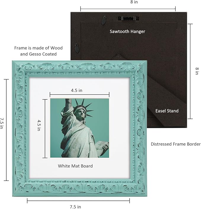 8x8 inch Distressed Wood Embossed Scroll Motif Vintage Antique Rustic Picture Frame, White Mat for 5x5 in Photo, Art Print Drawing, Wall Hanging or Desktop Display-Turquoise Blue