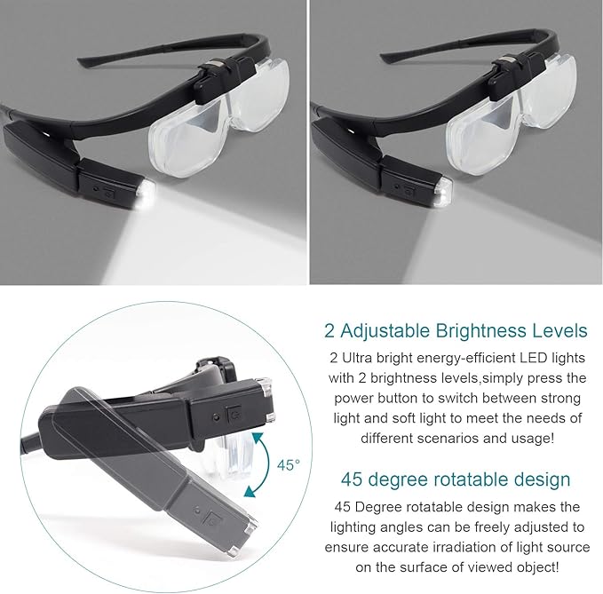 LED Head Mount Magnifier Glasses with 3 Detachable Lenses 2 Led Professional Jeweler Loupe Light USB Rechargeable Hands Free Headband Magnifying Glass for Reading Watch & Electronic Repair Sewing