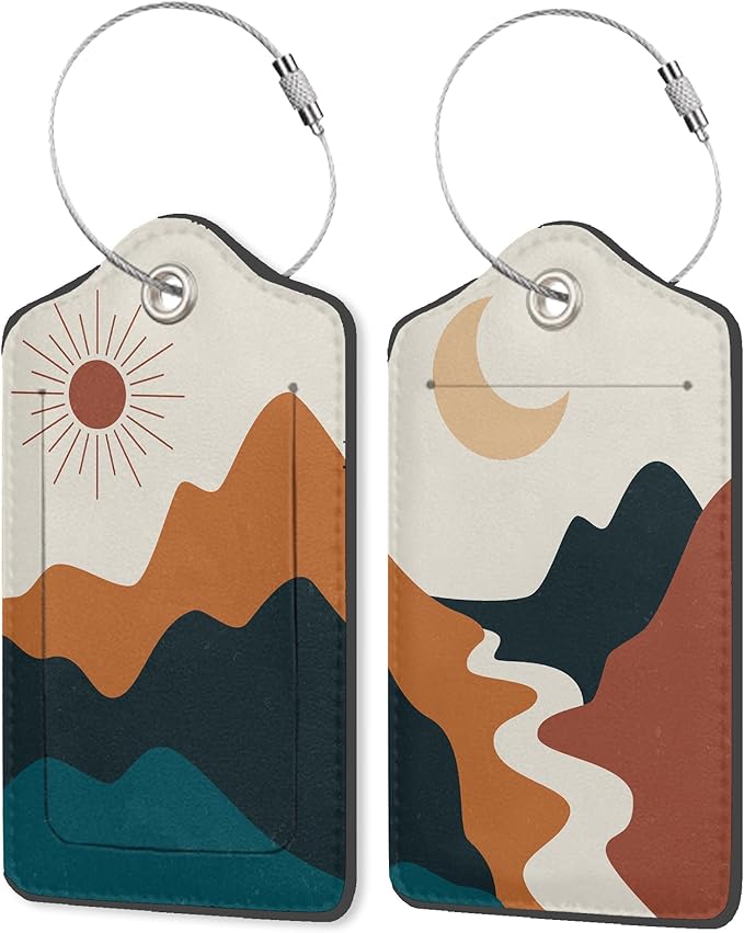 Abstract Landscape PU Leather Luggage Tags for Suitcase, Boho Sun Moon Mountains Travel Cruise 2 Pack with Privacy Flap, Name ID Label and Metal Loop for Women Men Girls Baggage Backpack