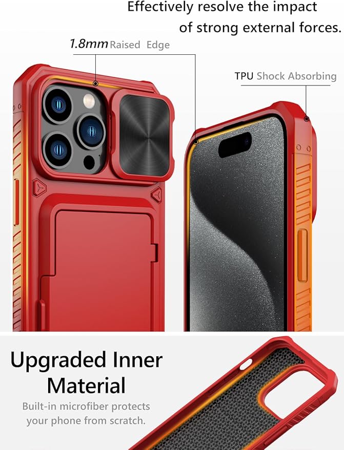 Vihibii for iPhone 15 Pro Max Wallet Case with Card Holder (4 Cards) & Slide Lens Protective Cover & Kickstand & Raised Edges Protect Screen, Shockproof Rugged Case for iPhone 15 Pro Max 6.7", Red