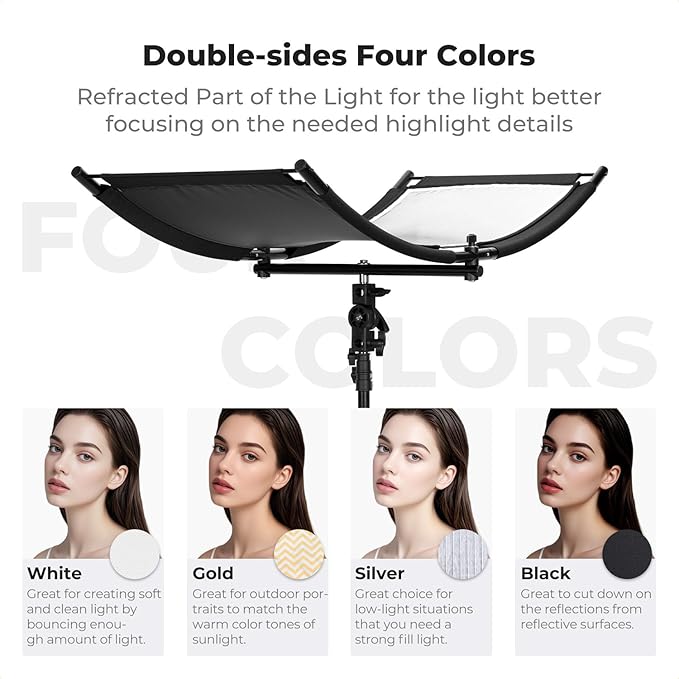 K&F CONCEPT U-Shape Reflector Curved Reflector 100x45cm with 4-in-1 Reflective Fabric, Black/Gold/White/Silver, with 1.5m Stand, with Storage Bag, for Photography Studios