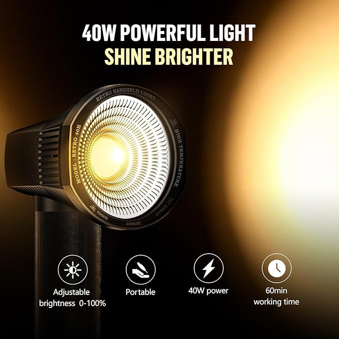LENSGO 40H Retro Camera Flash Light with Diffuser, Rechargeable 40W Bi-Color 2700K-7000K CRI96 Video Light, Dimmable 0-100%, 8 Lighting Effects, Compatible with DSLR/GoPro/Sony/Canon/iPhone