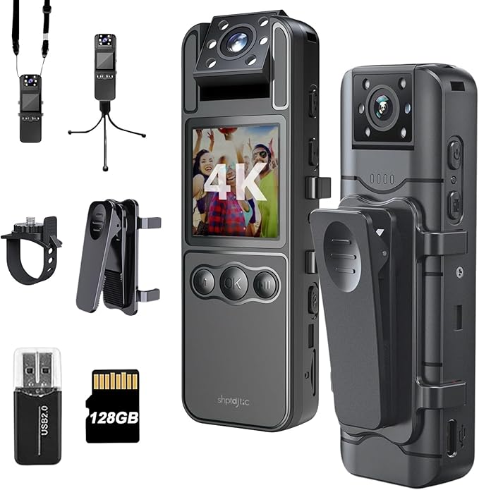 128G4K Body Cam with 180°Rotating Lens,Bike Camera with Audio and Video Recording,Sport Camera with 6hrs Battery,Night Vision,Wearable Cam for Pet,Office,Security Police Law Enforcement (H82-4K-128G)