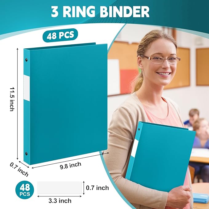 Henoyso 48 Pcs 3 Ring Binder 1/2'' Round Fits Letter Size 8.5'' x 11'' Paper Plastic Flexible Binder Holds 140 Sheets with 1 Pockets Versatile Organizer for Home Office School (Turquoise)