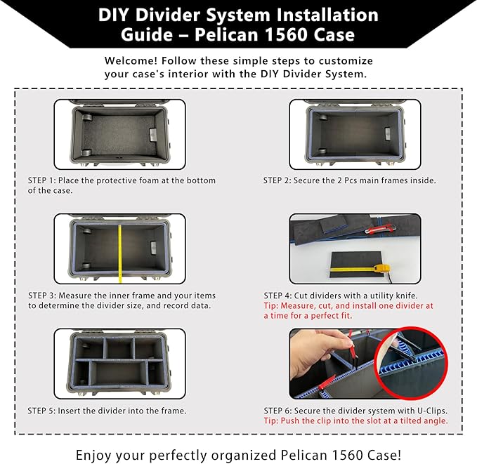 LAFENLIN DIY Divider System for Pelican 1560 Case [No Mess, Secure Gear] - Custom U-Clip Organizer for Photographers, Tactical & Field Tool Kits, Red Pull Tabs, Case Not Included