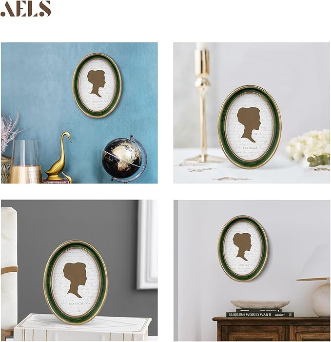 AELS 5x7 Inch Vintage Picture Frame, Elegant Antique Photo Frames with Glass Front, Photo Display, Tabletop Wall Hanging, Gift Ideas, Green Oval with Gold Trim