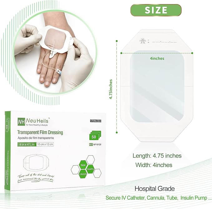 NeuHeils Transparent Film Dressing 4" x 4 3/4" 50 Packs, Large Waterproof Wound Cover Bandage, Post Surgical Shower or IV Shield, Tattoo Aftercare Bandage, Adhesive Patch
