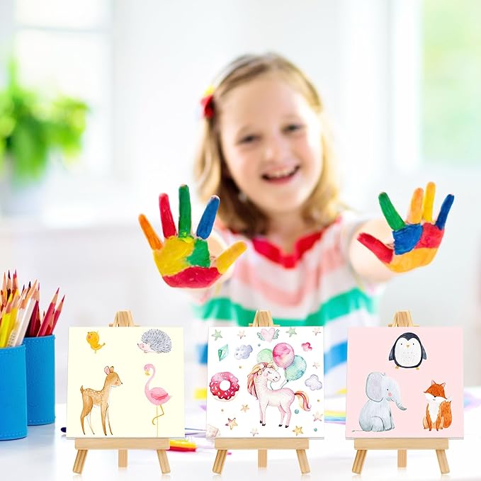 Mimorou 32 Pack 5 x 5 Inch Mini Canvases with Easel Sets for Painting Small Art Stretched Canvases Panels Pack for Kids Classroom Crafts Valentine's Day Painting Gift Easter Crafts