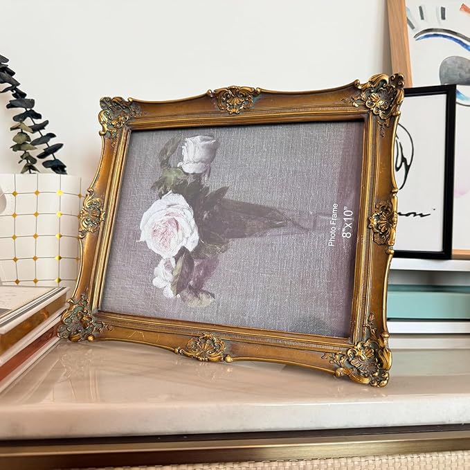 CISOO 8x10 Vintage Picture Frame, Antique Ornate Bronze Gold Photo Frame, for Table Top and Wall Display, Decorative Floral Design Retro Home Decor, Photo Gallery Art