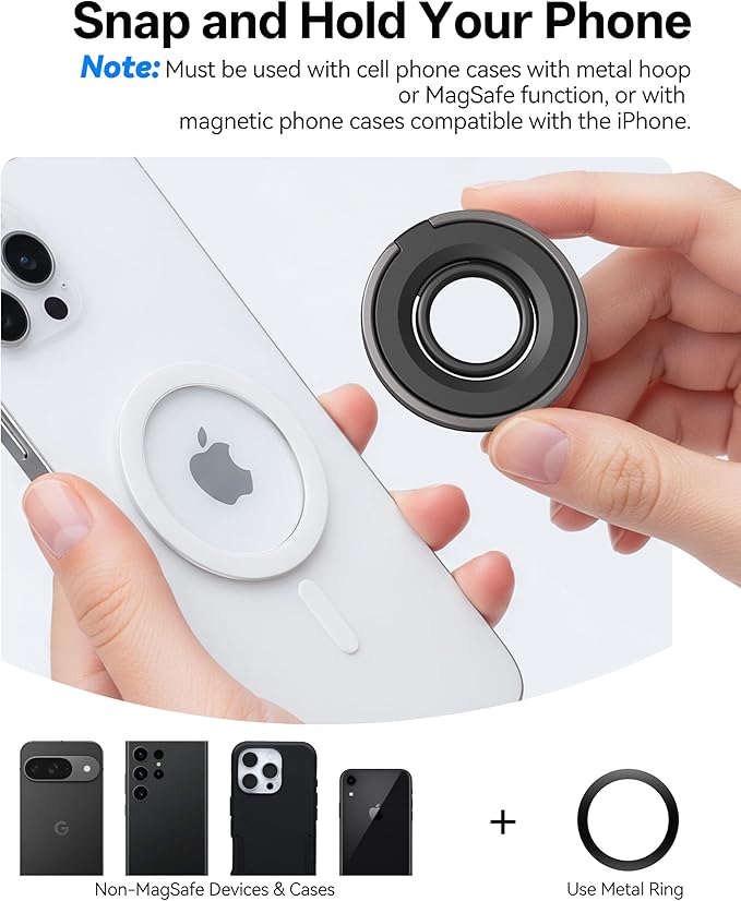 Magnetic Phone Grip for MagSafe Ring Holder, 360° Rotation Magnetic Phone Ring Grip Stand Finger Kickstand, Compatible with MagSafe Accessories for iPhone 17 Pro/Max 16/15 Air