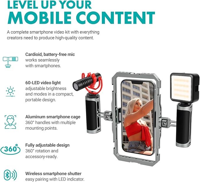 Movo iFilmer-PRO Smartphone Video Rig Kit – Stabilizer Cage with Dual Grips and VXR10 Shotgun Microphone for iPhone/Android