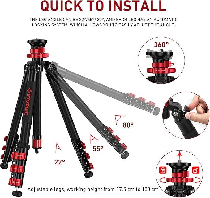 IFOOTAGE TC5S Carbon Camera Tripod, Professional 4-Section Center Pole Video Tripod, 360 ° Rotation Ball Head 59“