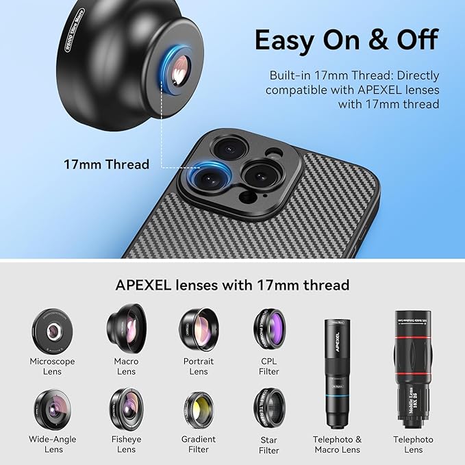 APEXEL 17MM Thread Lens Phone Case Compatible for iPhone 15 Pro, Compatible with All Telephoto Macro Lenses with 17mm Thread Black